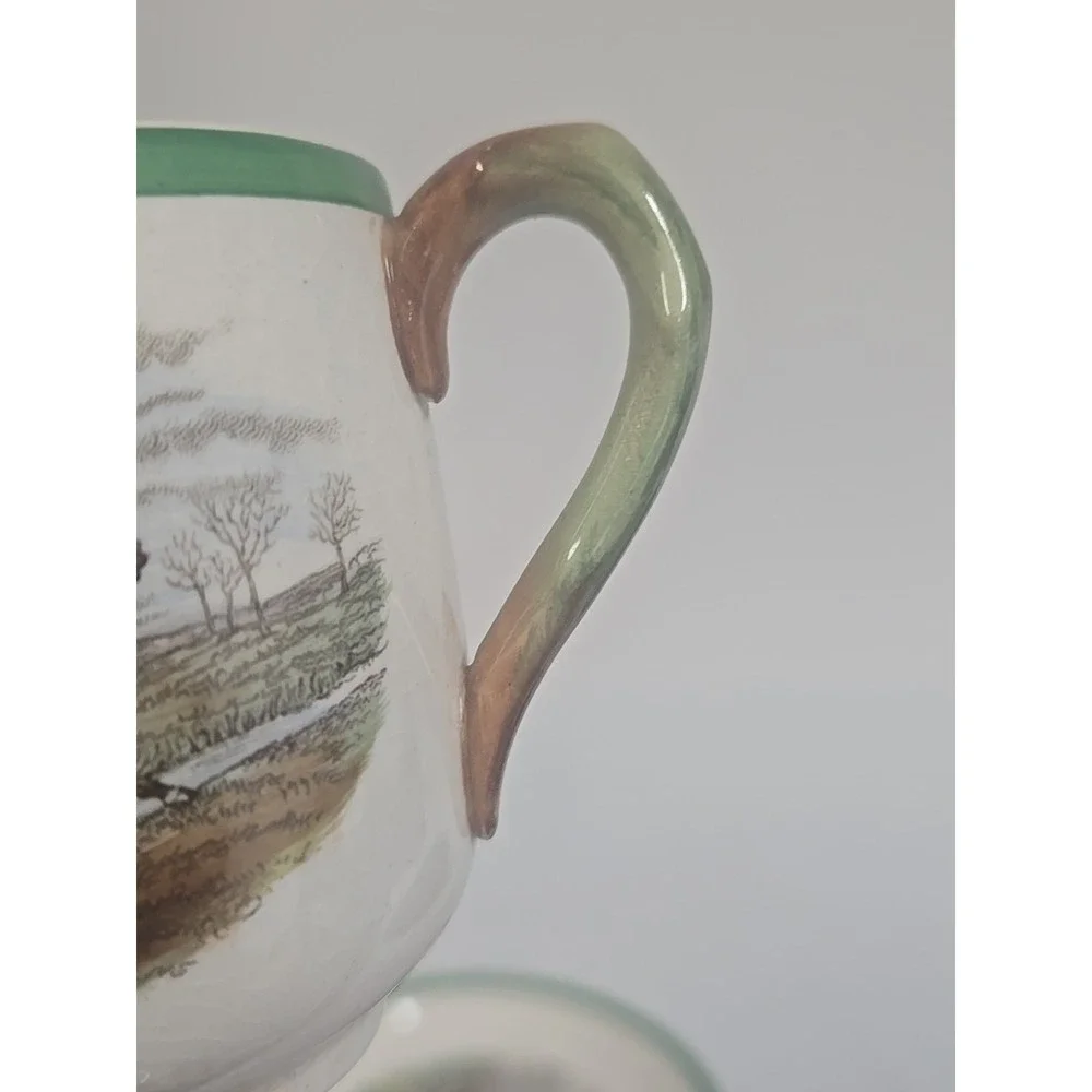 Copeland Spode England Herring Hunt Green #1 Footed Demitasse Cup‎ and #1 Saucer
